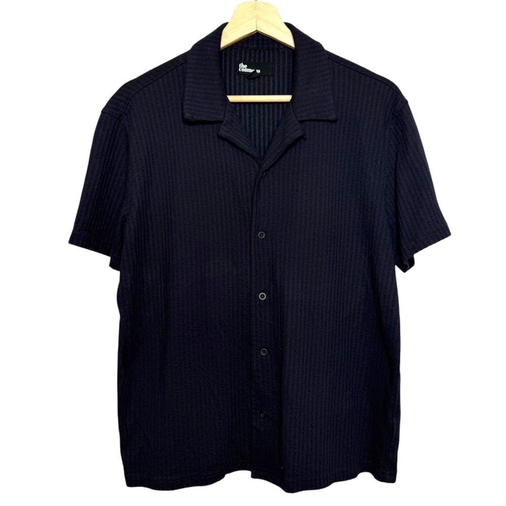 The Commons Minimalist Resort Ribbed Camp Shirt Navy Medium Short Button Up